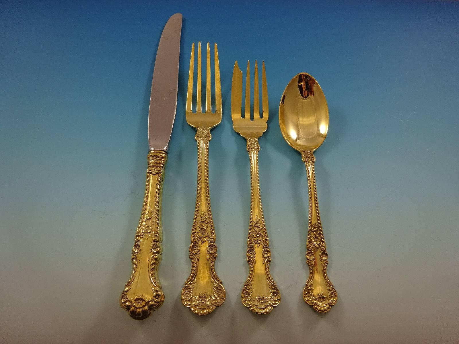 Stunning Cambridge Gold by Gorham sterling silver flatware set of 48 pieces. 

Gold flatware is on trend and makes a bold statement on your table. This set is vermeil (completely gold-washed) and includes:
 
12 knives, 8 7/8