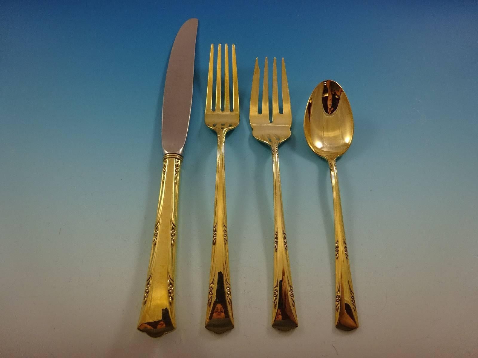 Greenbrier by Gorham sterling silver flatware set of 32 pieces. Gold flatware is on trend and makes a bold statement on your table, especially when paired with gold rimmed china and gold accents.

This set is vermeil (completely gold-washed) and