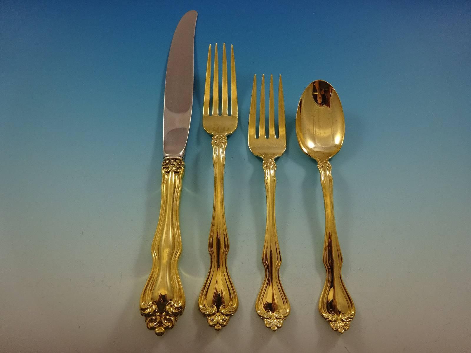 George and Martha by Westmorland sterling silver flatware set of 32 pieces. Gold flatware is on trend and makes a bold statement on your table, especially when paired with gold rimmed china and gold accents. 

This set is vermeil (completely