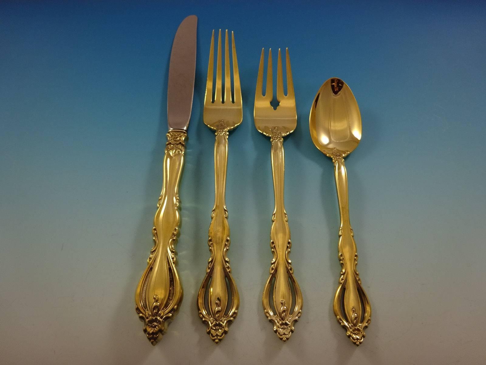 Grand Regency by International sterling silver flatware set of 32 pieces. Gold flatware is on trend and makes a bold statement on your table, especially when paired with gold rimmed china and gold accents. 

This set is vermeil (completely