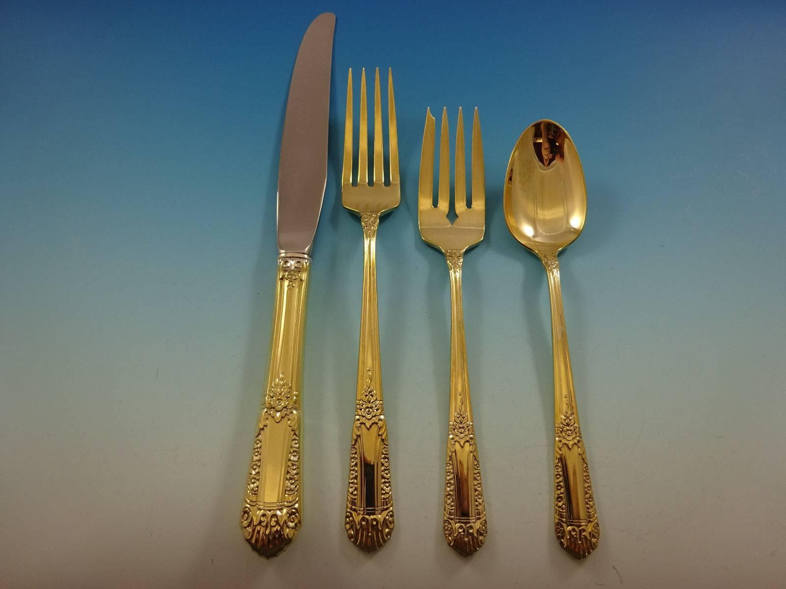 Add some luxe to your life with this fabulous Inaugural Gold by State House sterling silver flatware set - 32 pieces. Gold flatware is on trend and makes a bold statement on your table, especially when paired with gold rimmed China and gold accents.