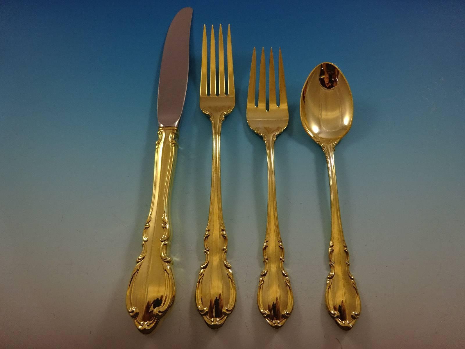 Add some luxe to your life with this fabulous Legato Gold by Towle Sterling Silver flatware set 32 pieces. Gold flatware is on trend and makes a bold statement on your table. 

This set is vermeil (completely gold-washed) and includes:
 
Eight