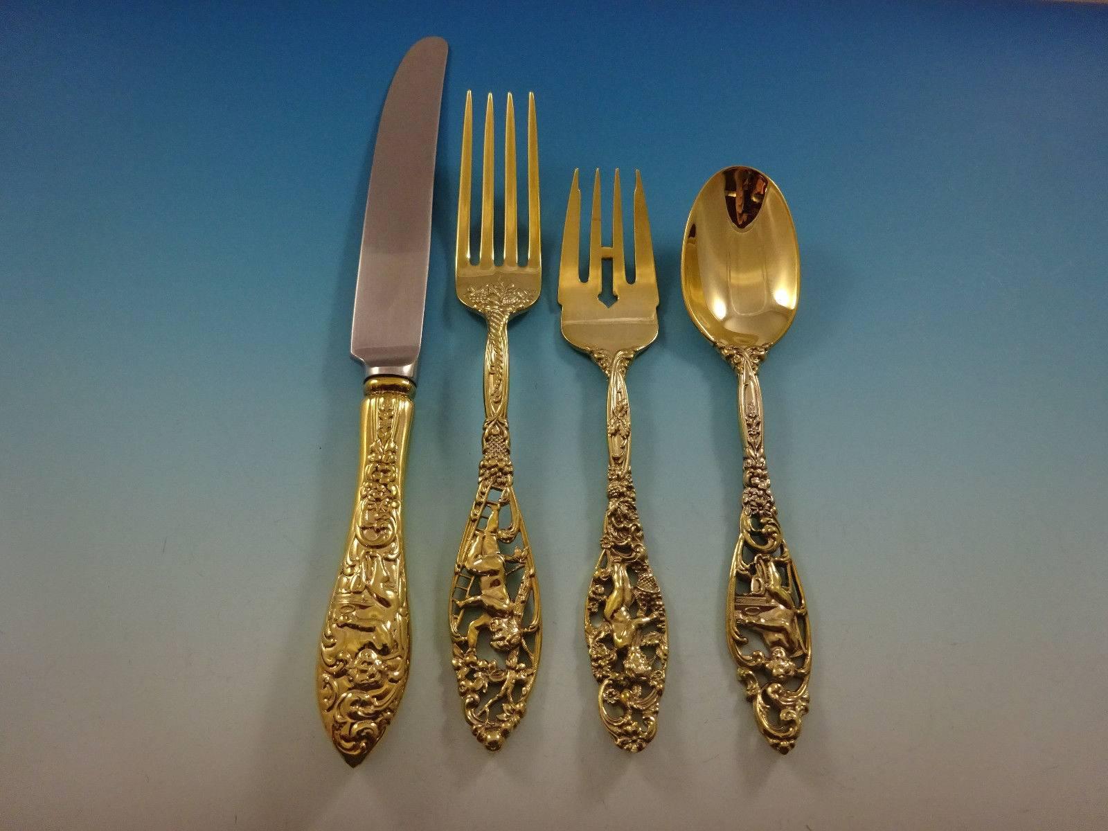 Add some luxe to your life with this fabulous labors of cupid gold by Dominick and haff sterling silver flatware set of 32-piece. Gold flatware is on trend and makes a bold statement on your table. 

This set is vermeil (completely gold-washed)