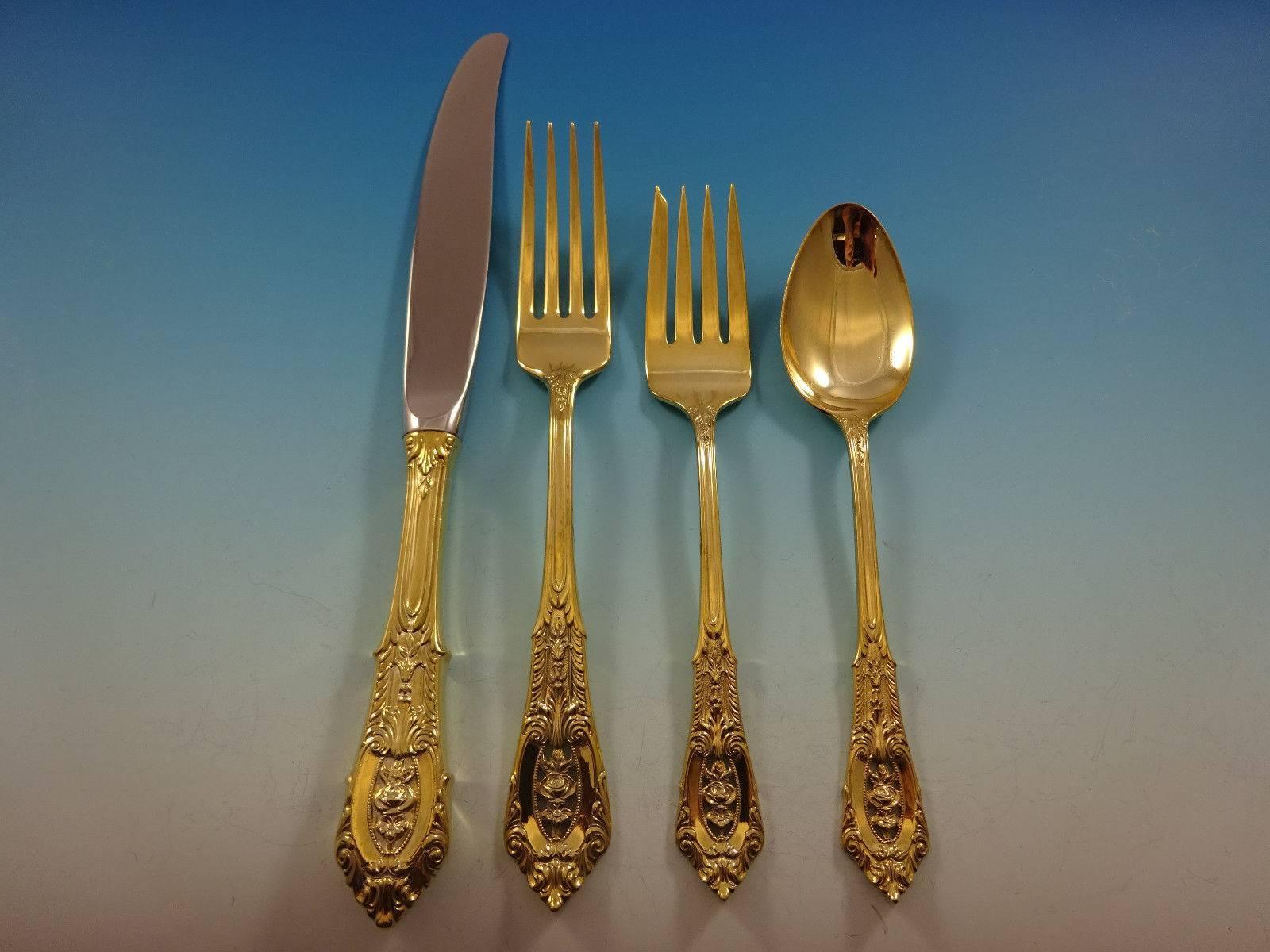 Add some luxe to your life with this fabulous rose point gold by Wallace sterling silver flatware set - 48 pieces. Gold flatware is on trend and makes a bold statement on your table. 

This set is vermeil (completely gold-washed) and includes:
 
12