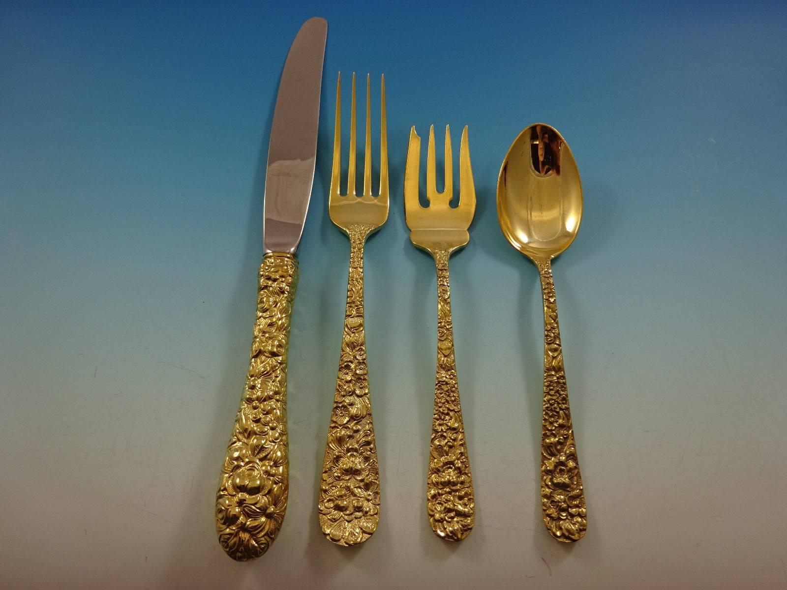 Add some luxe to your life with this fabulous rose by Stieff gold sterling silver flatware set of 48 pieces. Gold flatware is on trend and makes a bold statement on your table. 

This set is vermeil (completely gold-washed) and includes:

12 knives,