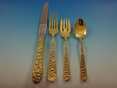 Rose by Stieff Gold Sterling Silver Flatware Service for 12, Set 48 Pieces