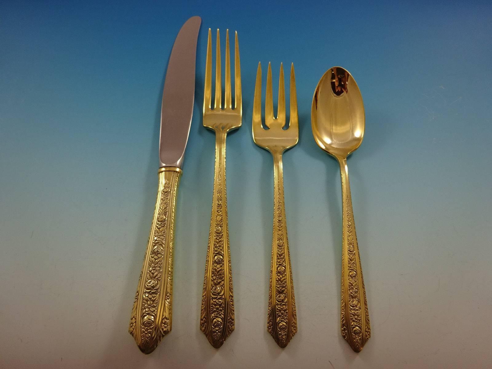 Add some luxe to your life with this fabulous Normandie Gold by Wallace sterling silver flatware set of 32 pieces. Gold flatware is on trend and makes a bold statement on your table. 

This set is vermeil (completely gold-washed) and includes:
 