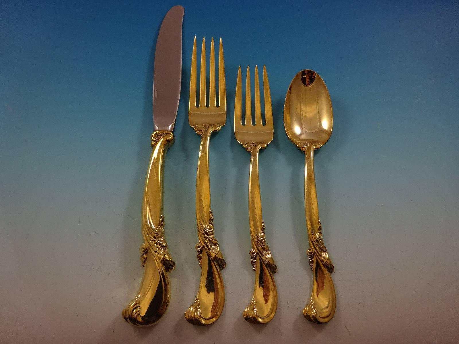 Gorgeous Waltz of spring gold by Wallace Sterling Silver flatware set, 48 pieces. Gold flatware is on trend and makes a bold statement on your table. 

This set is vermeil (completely gold-washed) and includes:

12 knives, 8 7/8