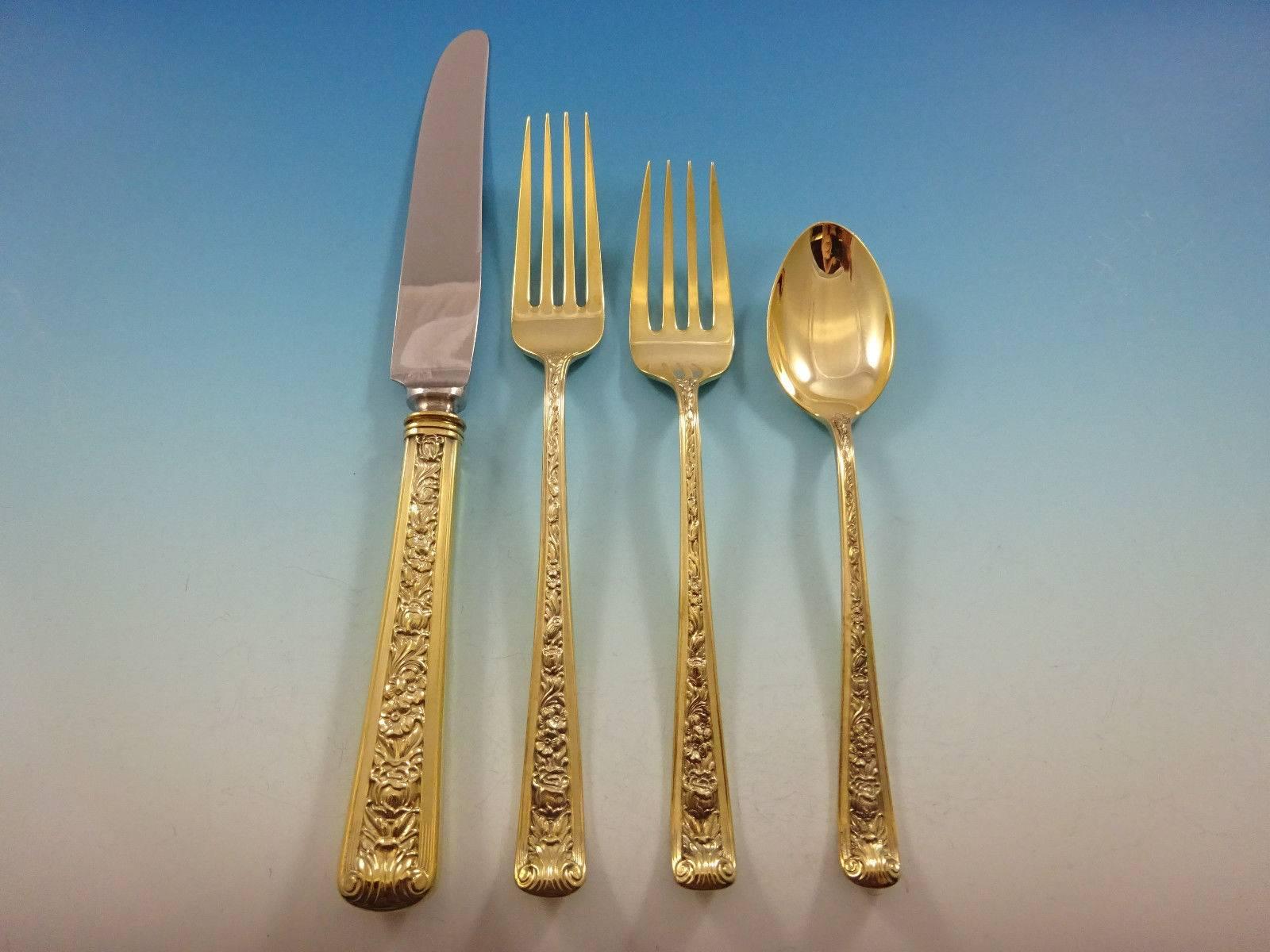 Gorgeous Windsor Rose Gold by Watson sterling silver flatware set of 48 pieces. Gold flatware is on trend and makes a bold statement on your table. 

This set is vermeil (completely gold-washed) and includes:
 
12 knives, 9 1/8