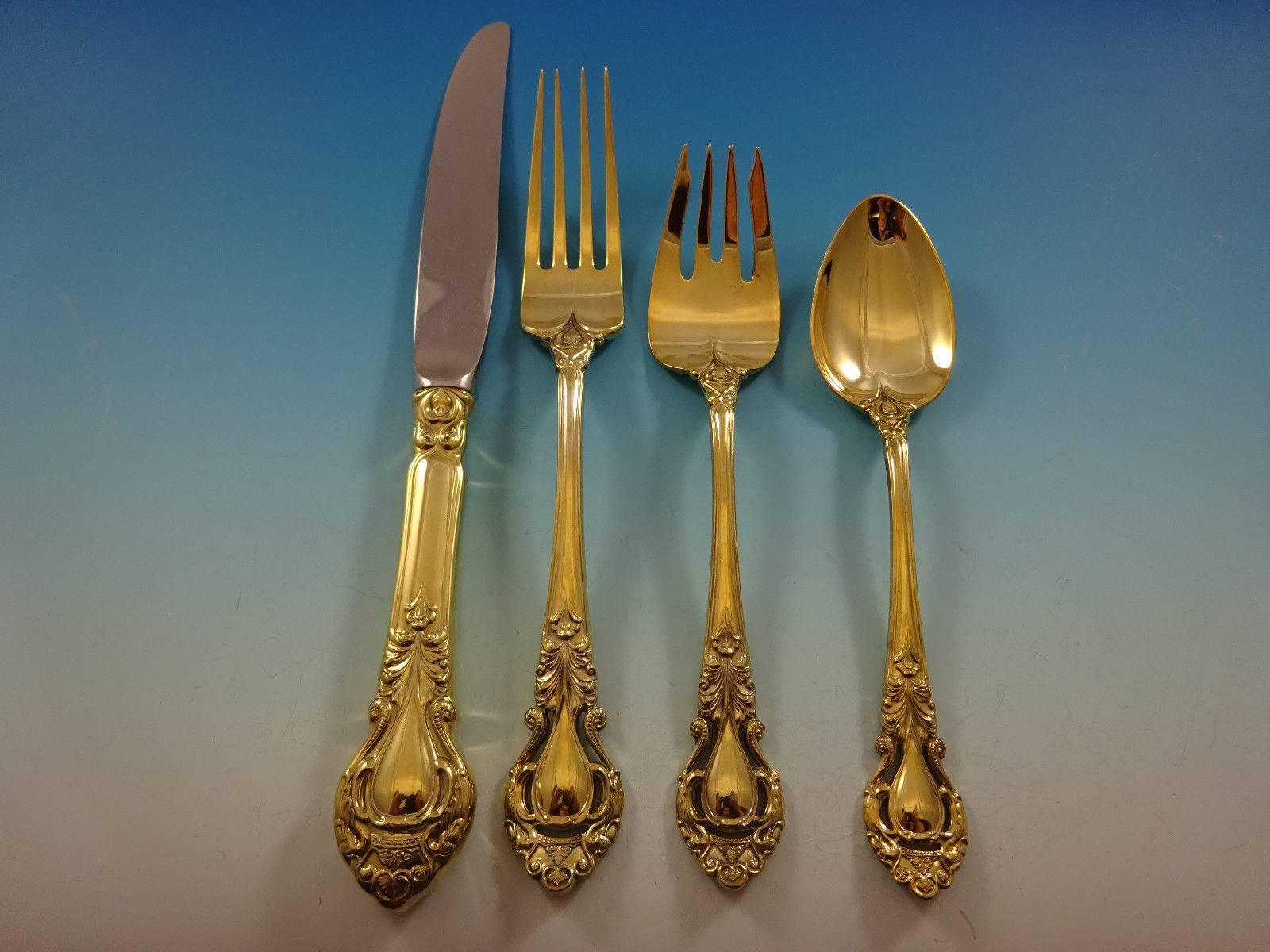 Gorgeous Royal Dynasty Gold by Kirk Stieff sterling silver flatware set of 48 pieces. Gold flatware is on trend and makes a bold statement on your table. 

This set is vermeil (completely gold-washed) and includes:
 
12 knives, 9 1/4