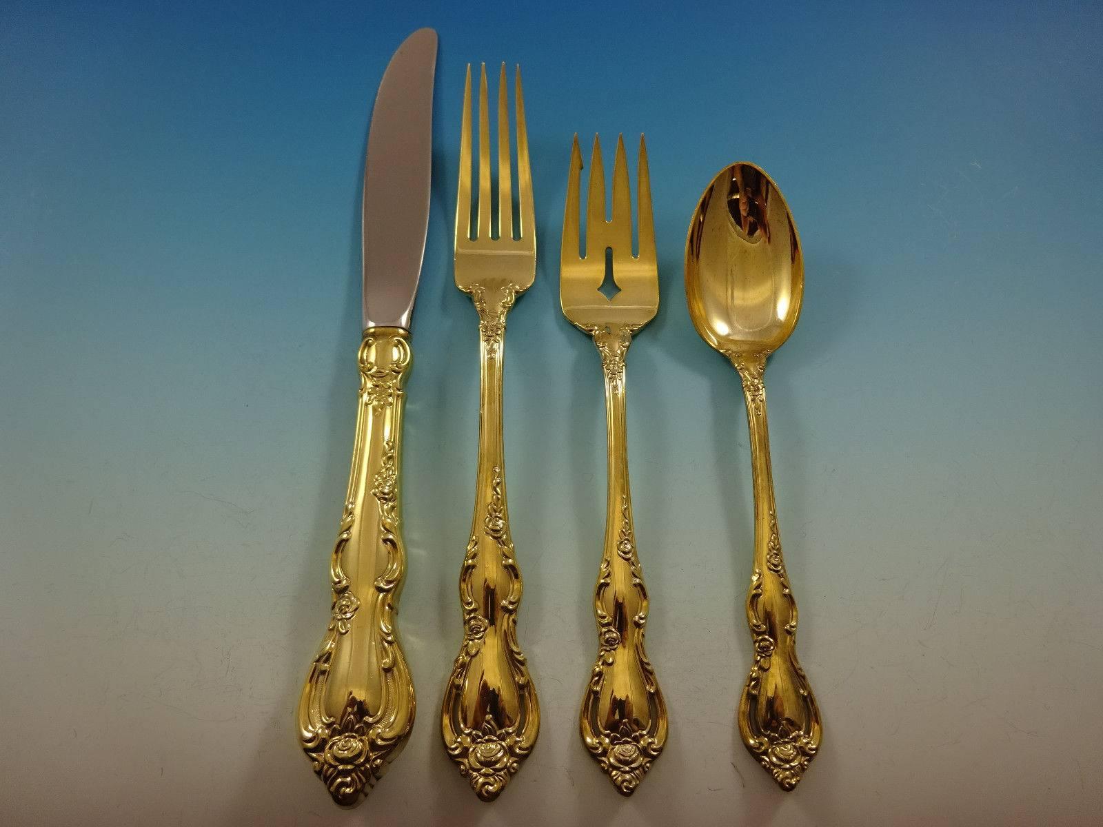 Gorgeous Spanish provincial gold by Towle sterling silver flatware set, 48 pieces. Gold flatware is on trend and makes a bold statement on your table. 

This set is vermeil (completely gold-washed) and includes:
 
12 knives, 8 7/8