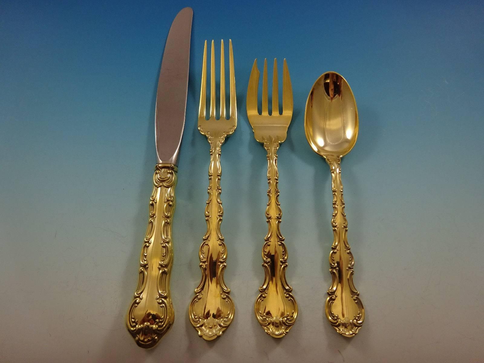 Gorgeous Strasbourg Gold by Gorham sterling silver flatware set of 48 pieces. Gold flatware is on trend and makes a bold statement on your table. 

This set is vermeil (completely gold-washed) and includes:
 
12 knives, 8 7/8