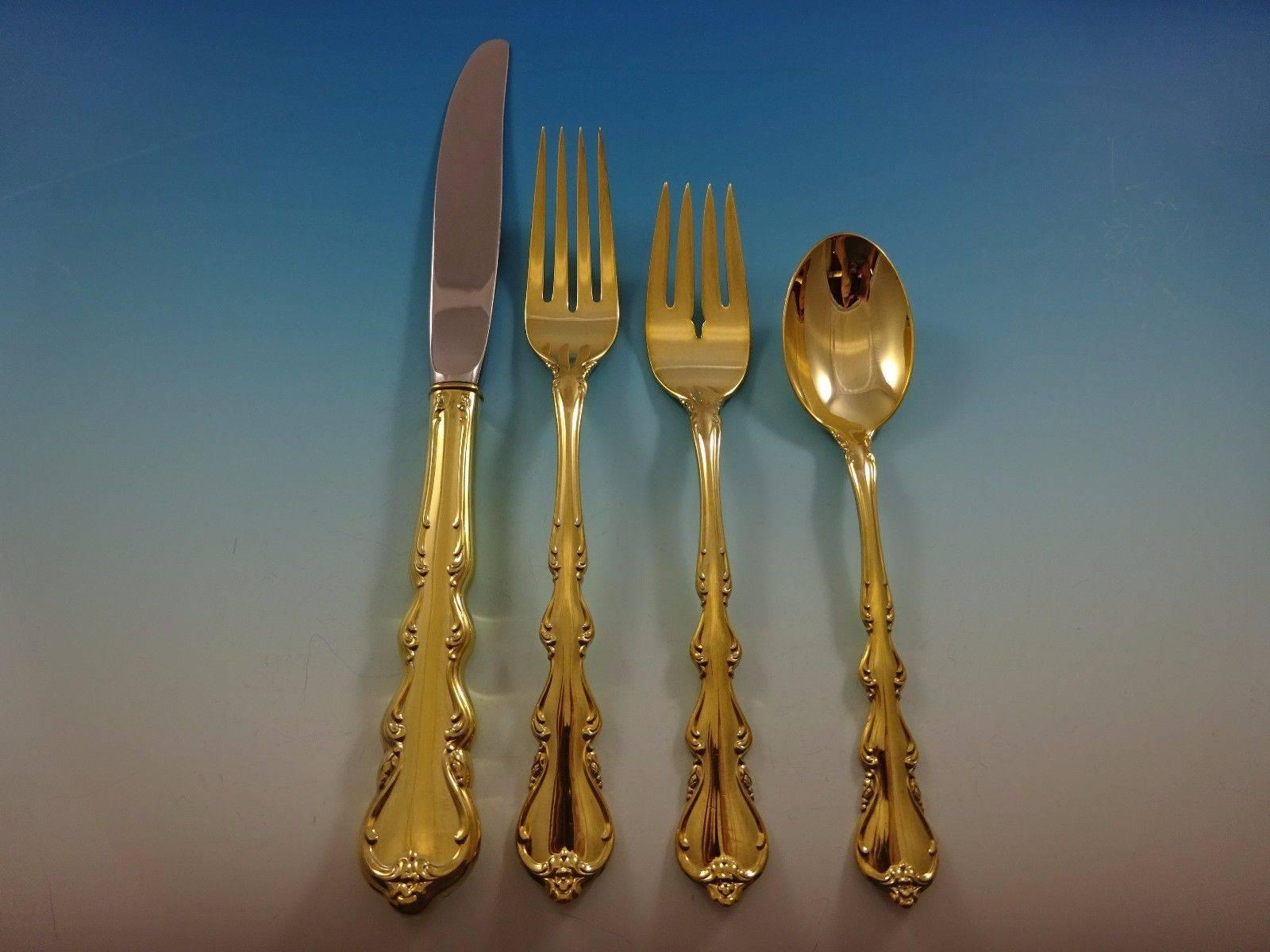 Beautiful angelique gold by International Sterling Silver flatware set 48 pieces. Gold flatware is on trend and makes a bold statement on your table. 

This set is vermeil (completely gold-washed) and includes:
 
12 knives, 9 1/4