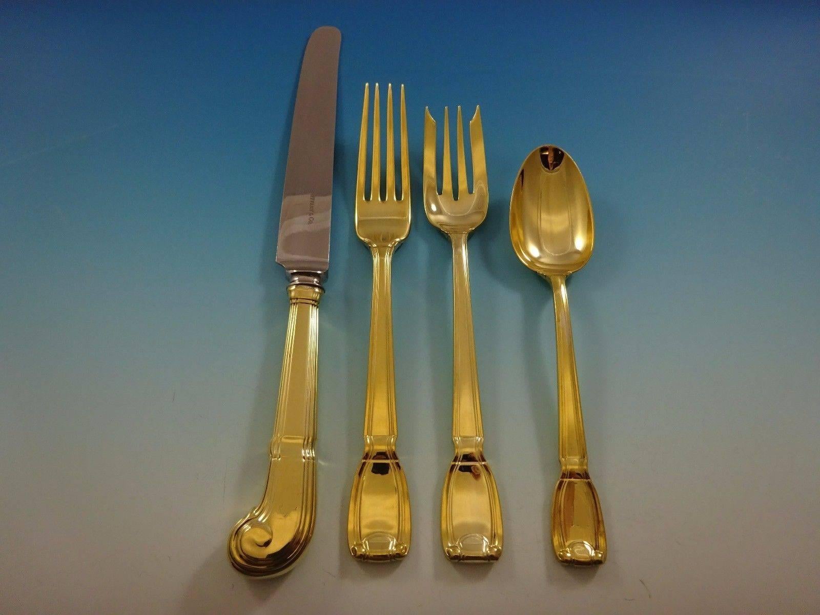 Gorgeous Castilian Gold by Tiffany and Co. sterling silver flatware set of 24 pieces. Gold flatware is on trend and makes a bold statement on your table. 

This set is vermeil (completely gold-washed) and includes:

Six knives, 9 1/8