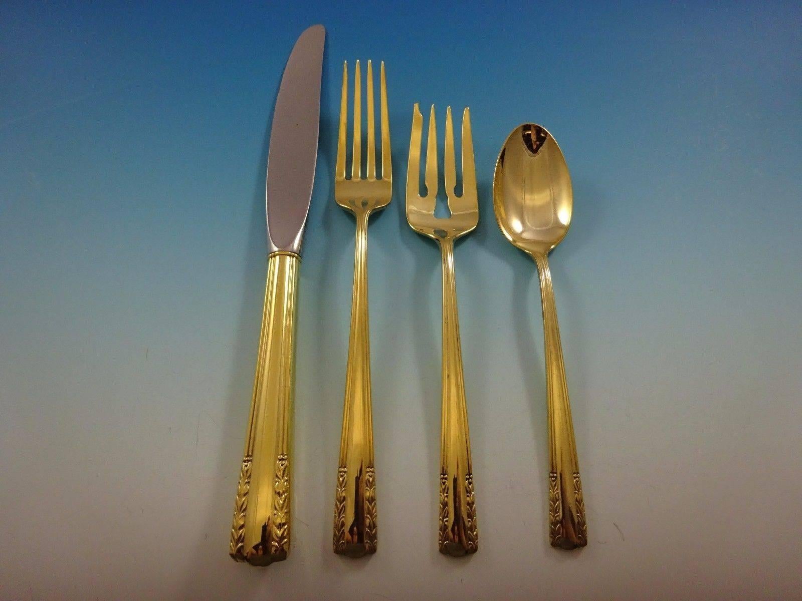 Chapel Bells Gold by Alvin sterling silver flatware set of 32 pieces. Gold flatware is on trend and makes a bold statement on your table. 

This set is vermeil (completely gold-washed) and includes:
 
Eight knives, 8 7/8