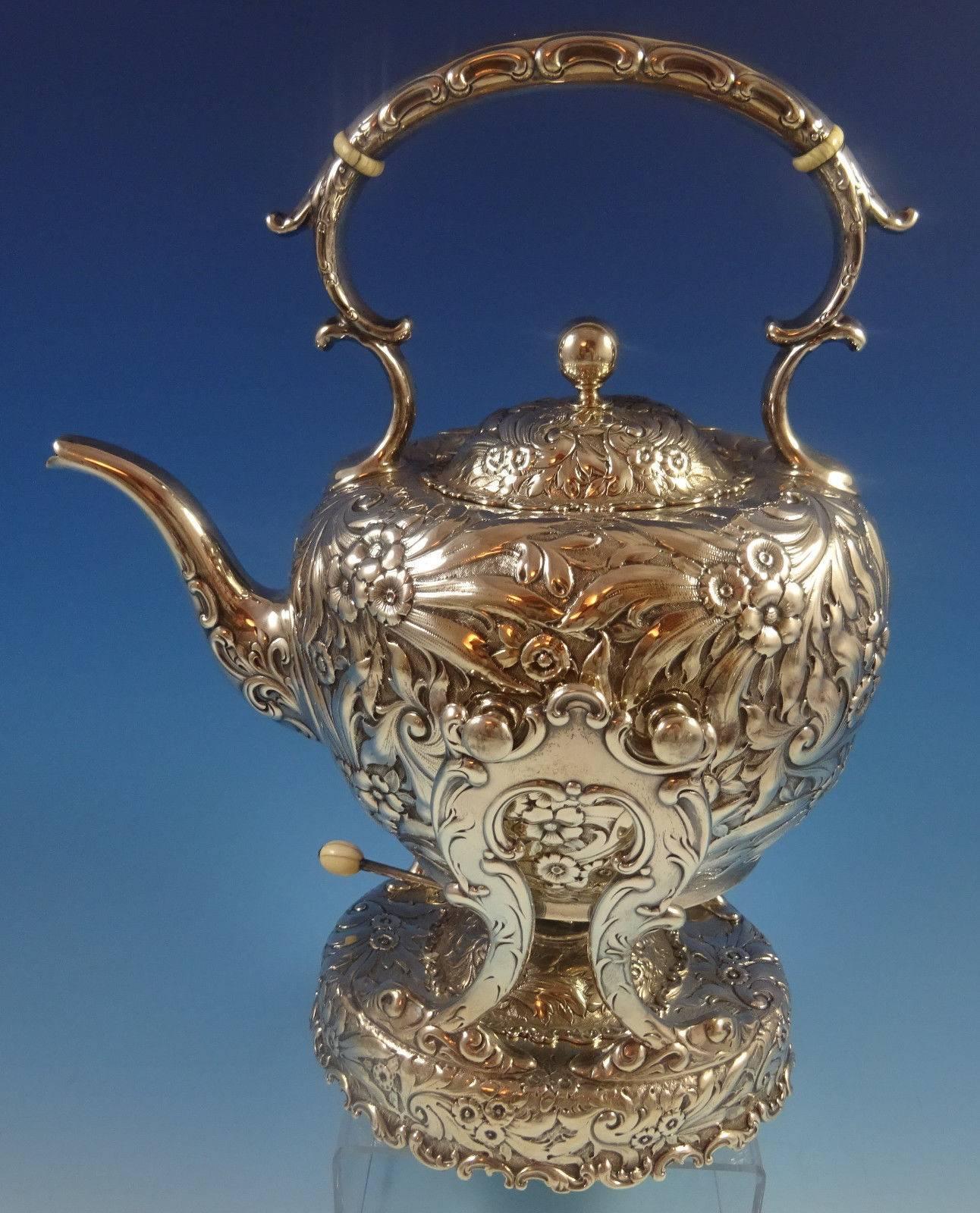 Repousse by Whiting Sterling Silver Tea Set of Six Pieces Flowers and Scrollwork In Excellent Condition In Big Bend, WI