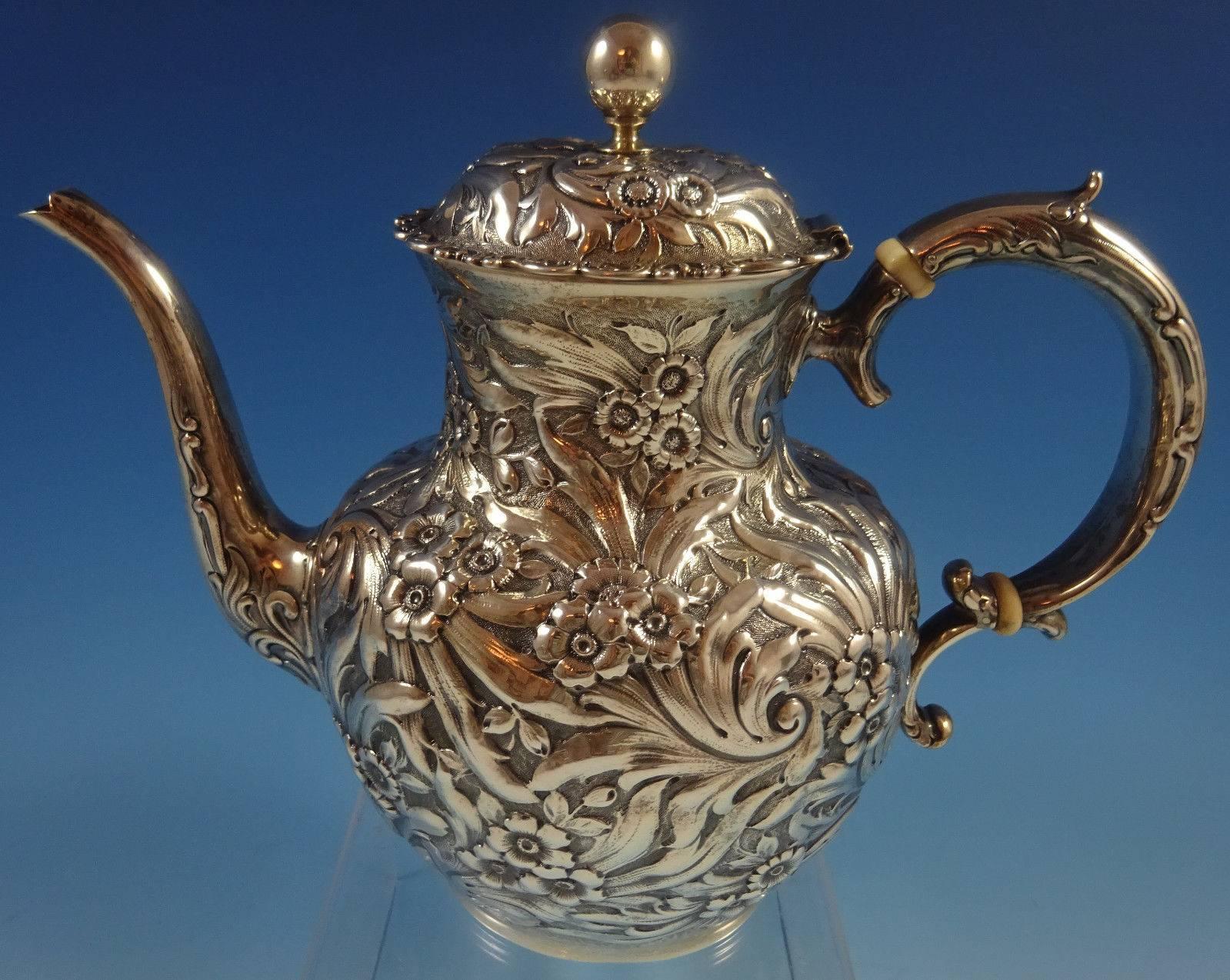 20th Century Repousse by Whiting Sterling Silver Tea Set of Six Pieces Flowers and Scrollwork