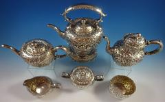Repousse by Whiting Sterling Silver Tea Set of Six Pieces Flowers and Scrollwork