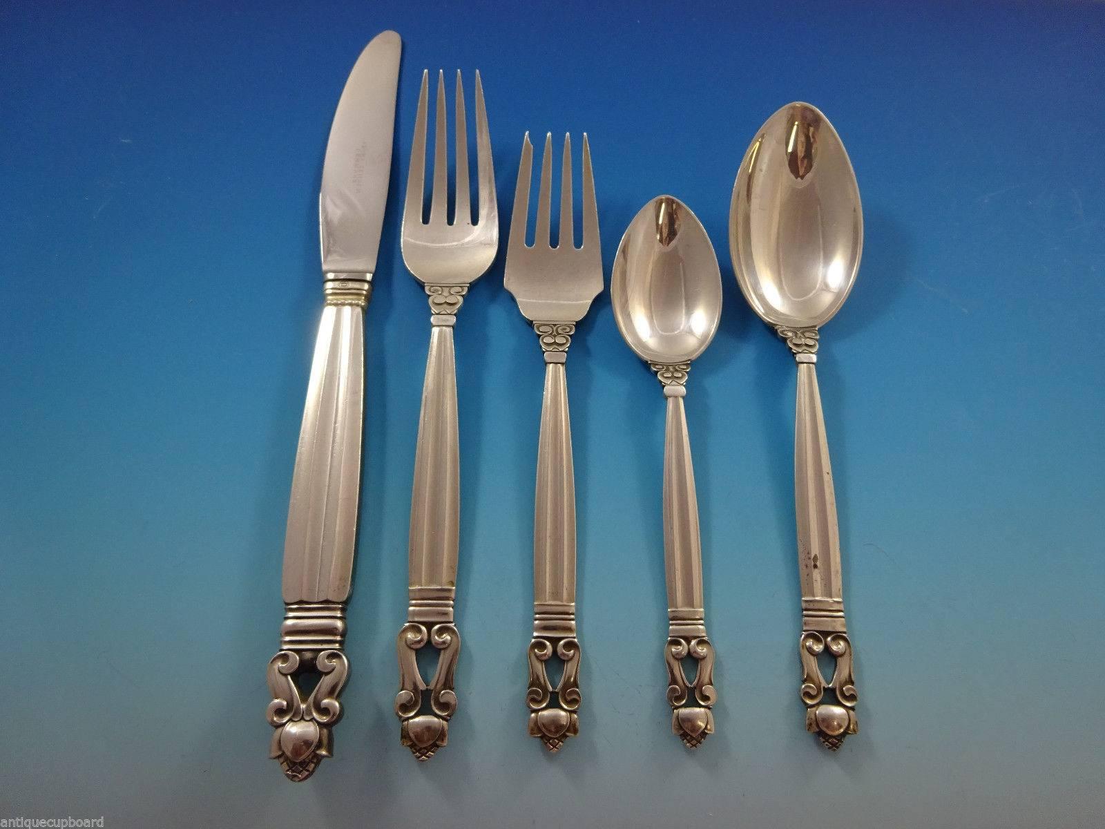 Acorn by Georg Jensen Sterling Silver Flatware Set for Eight Dinner In Excellent Condition In Big Bend, WI