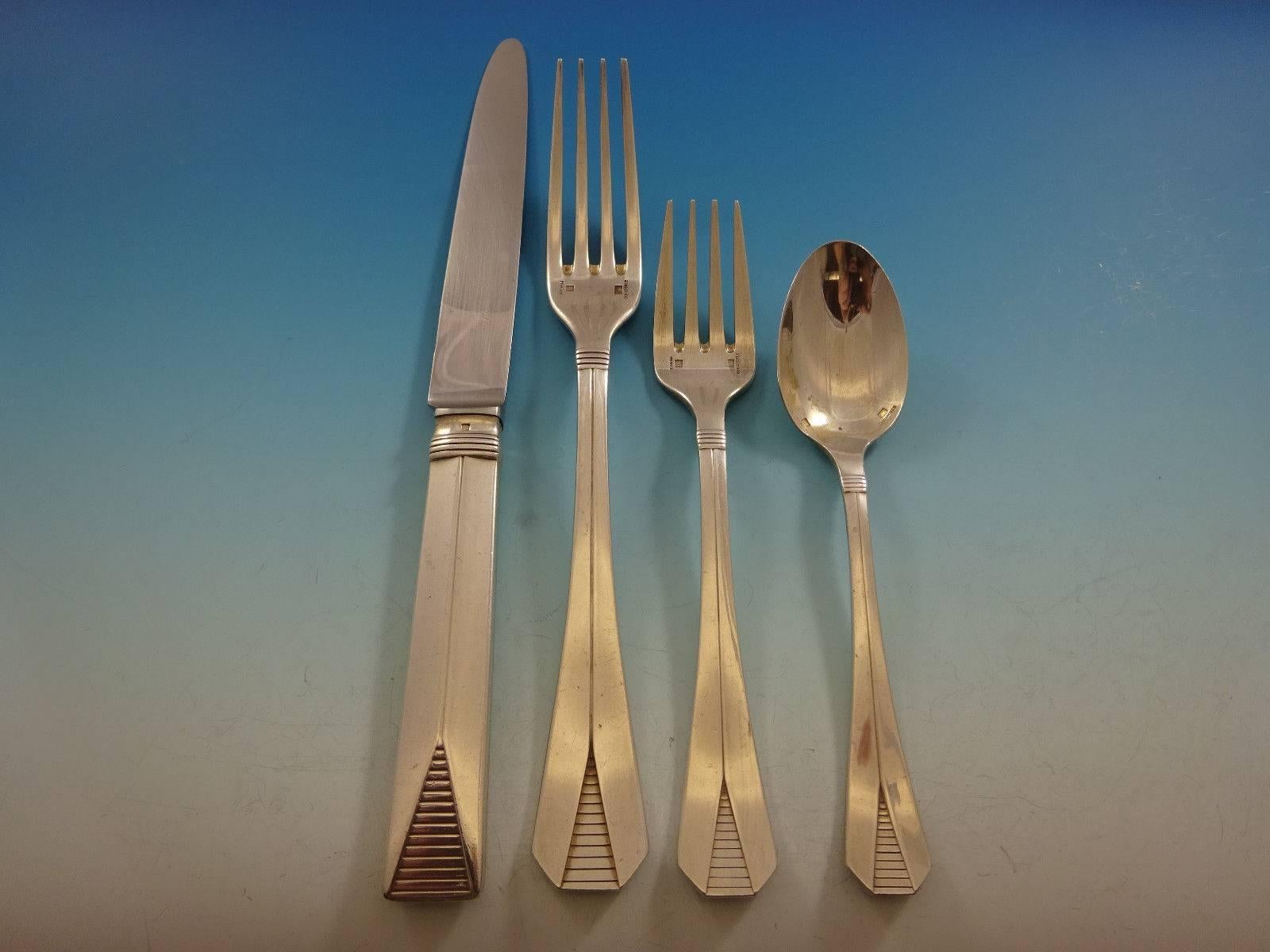 Atlantide by Christofle France silverplate Dinner Size flatware set - 33 pieces. This set includes: 6 Dinner Size Knives, 9 3/4", 6 Dinner Size Forks, 8", 6 Salad Forks, 6 1/2", 6 Teaspoons, 5 7/8", 6 Dinner Spoons, 7 1/2",