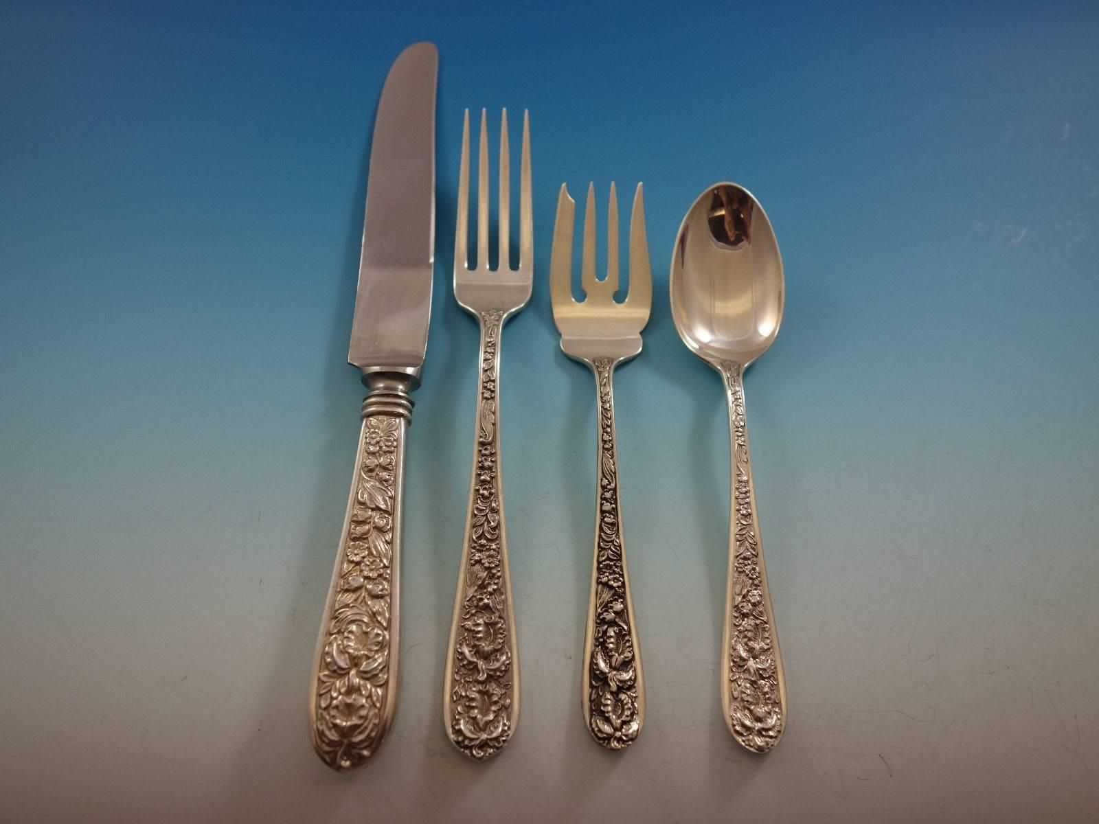 Corsage by Stieff Sterling Silver Flatware Set for 12 Service Luncheon 62 Pieces In Excellent Condition For Sale In Big Bend, WI