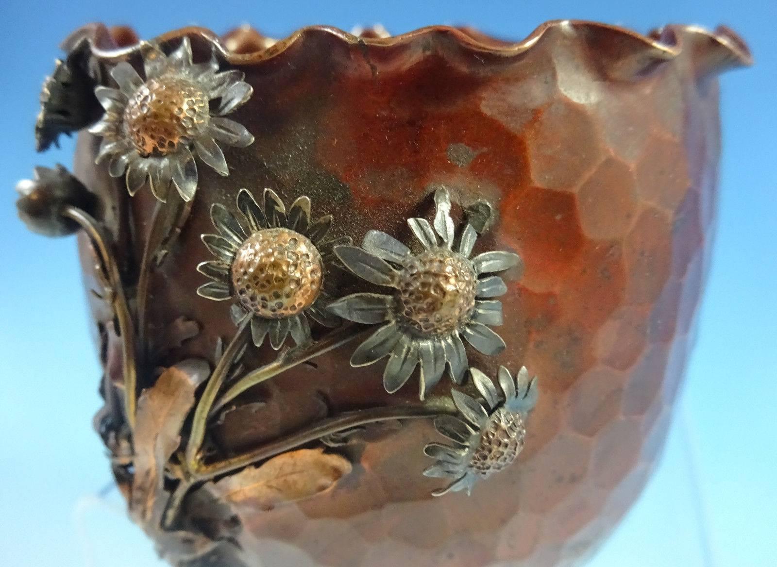 19th Century Mixed Metals Gorham Sterling Silver Copper Vase Applied 3-D Flowers Hollowware