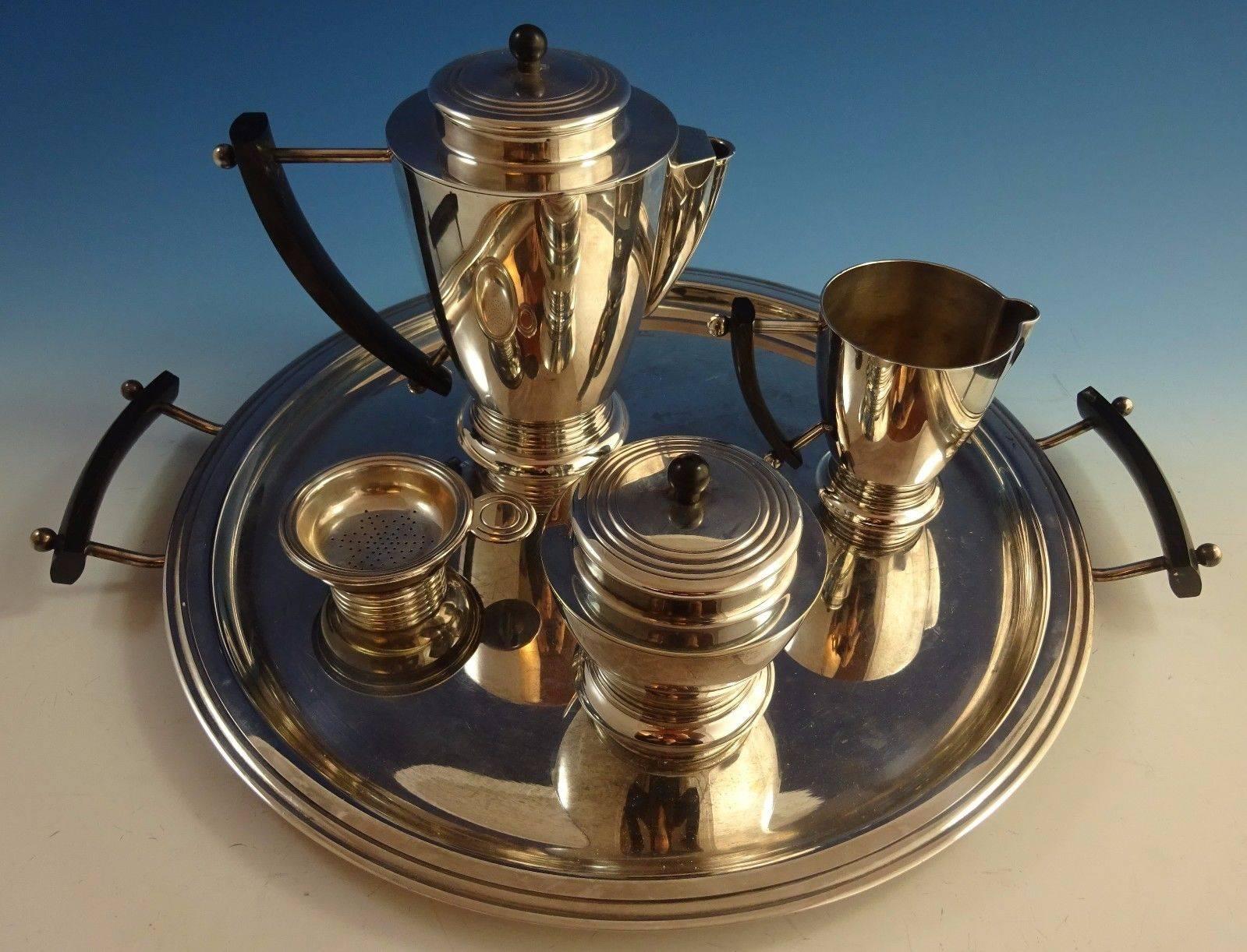 Christofle Art Deco Silver Plate Tea Set w Tray Ebony Handles 5-Piece Hollowware 4