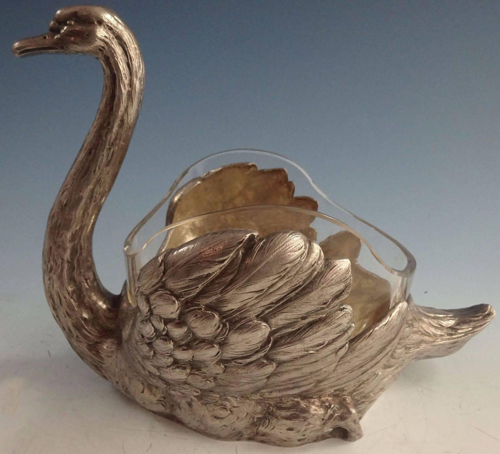 German 800 Silver Swan Centrepiece with Glass Insert, Very Unique Piece In Excellent Condition In Big Bend, WI