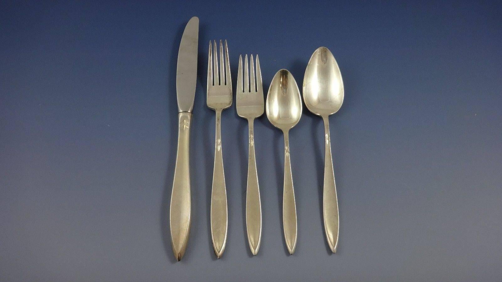 Gossamer by Gorham Sterling Silver Flatware Set for 12 Service of 69 Pieces, this set includes: 12 knives 8 7/8", 12 forks 7 3/8", 12 salad forks 6 5/8", 12 teaspoons 6", 12 place soup spoons 7", one gravy ladle 7 1/4",