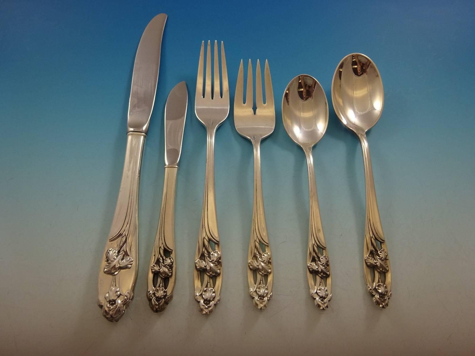 Silver Iris by International Sterling Silver Flatware Set 8 Service, 50 Pieces In Excellent Condition For Sale In Big Bend, WI