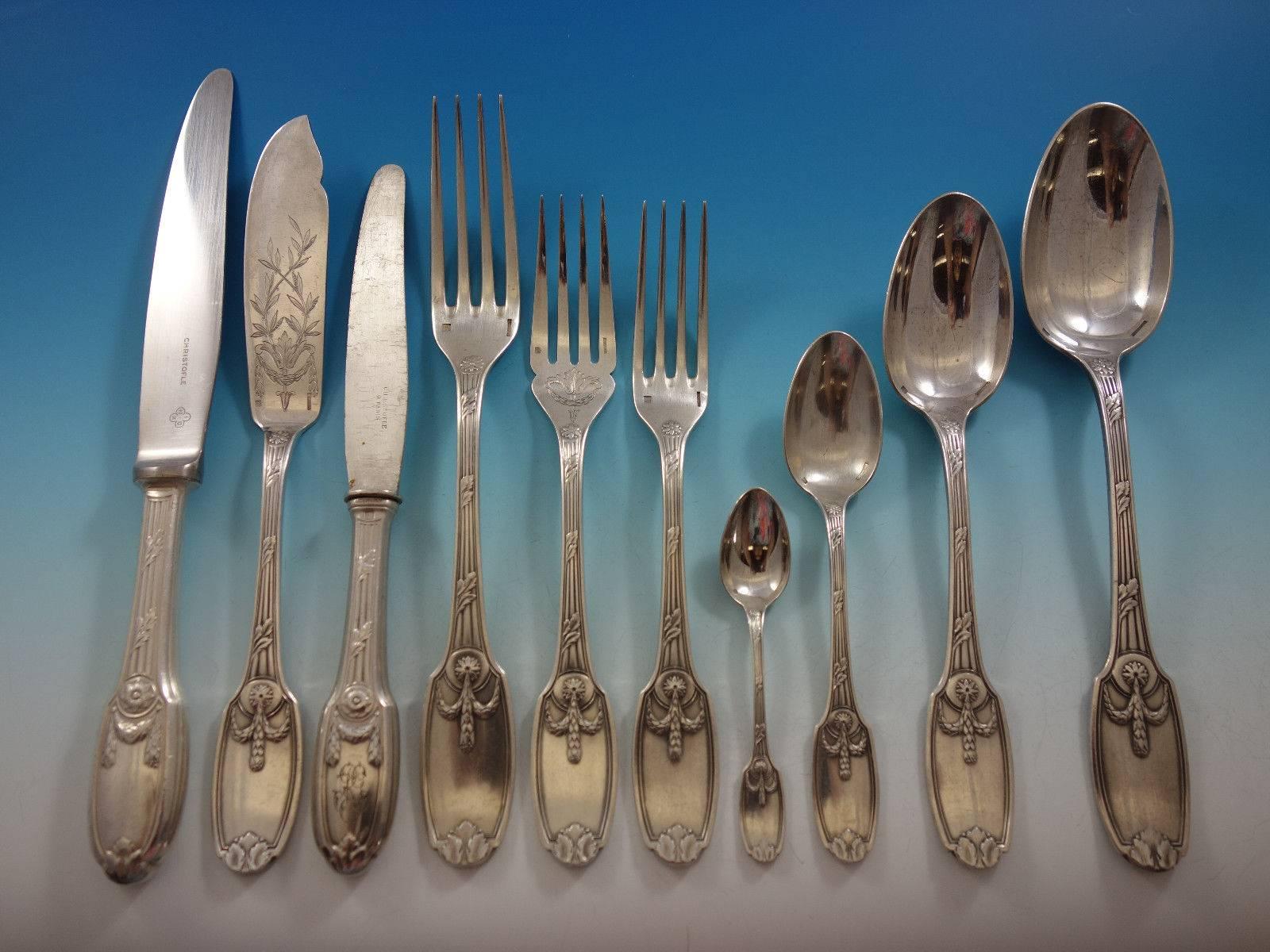 Delafosse by Christofle silver plated flatware set of 137 pieces. This set includes: 
12 dinner size knives, 9 3/4