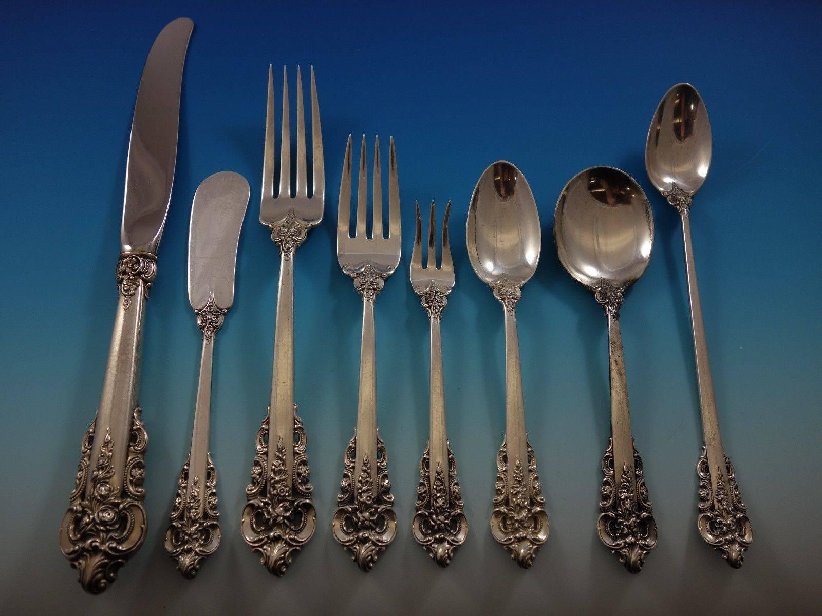 Grande Baroque by Wallace sterling silver flatware set of 203 pieces. This set includes: 

24 dinner knives, 9 3/4
