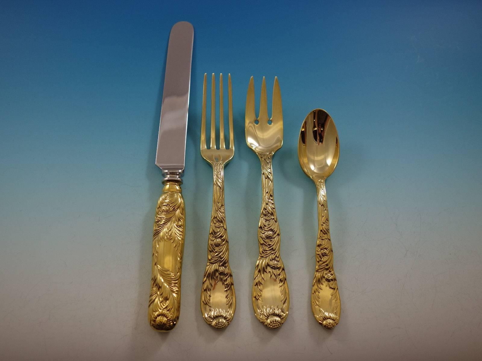 Chrysanthemum gold by Tiffany & Co. sterling silver flatware set, 24 pieces. This set is vermeil (completely gold-washed) and includes: Six knives, blunt, 9 1/4", six Forks, 6 3/4", six salad forks, three-tine, 6 5/8", six