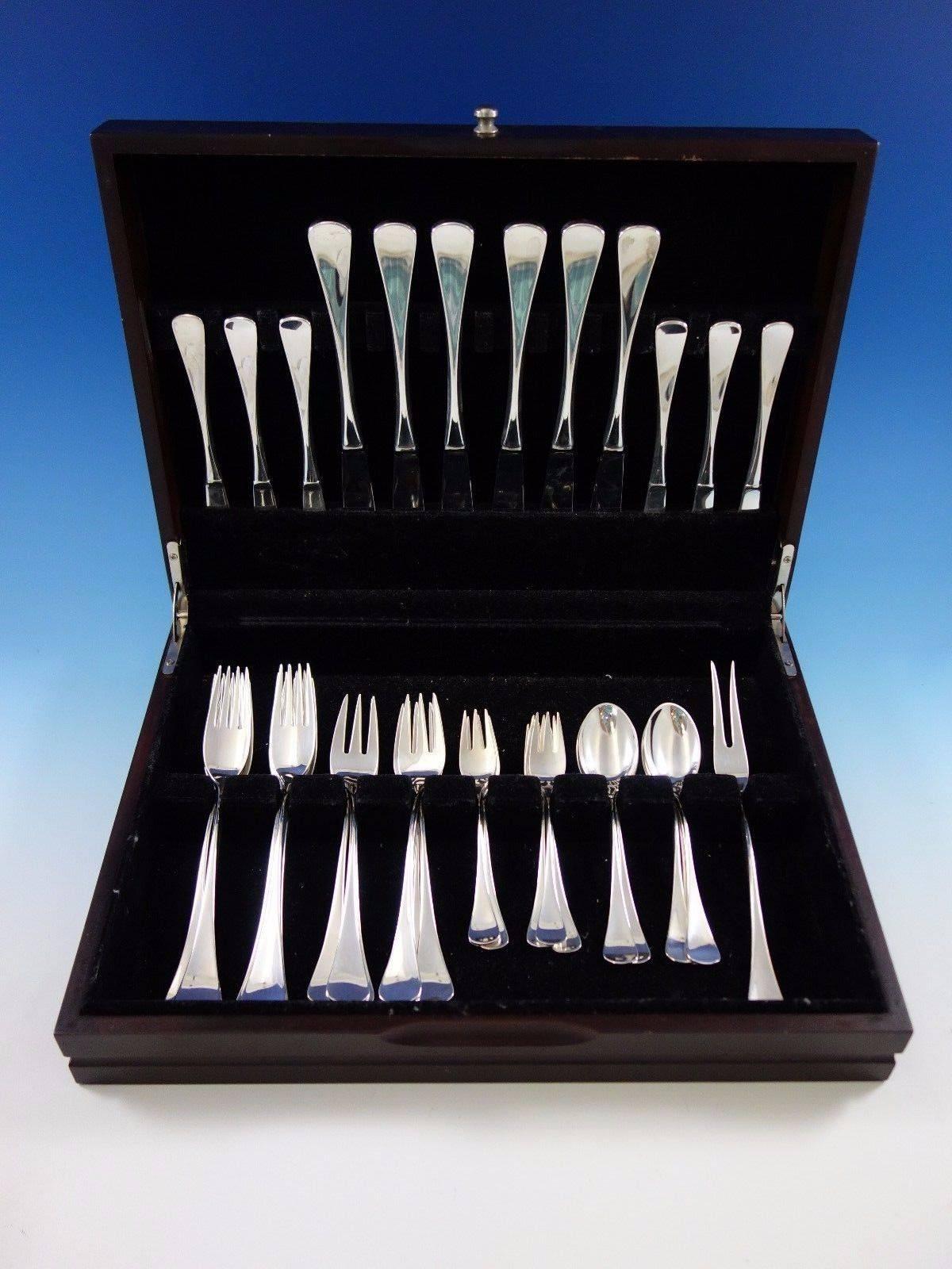Exceptional Mid-Century Modern Scandinavian Patricia by W&S Sorensen Danish sterling silver flatware set - 37 pieces. This set includes: 
Six dinner knives, 8 3/4