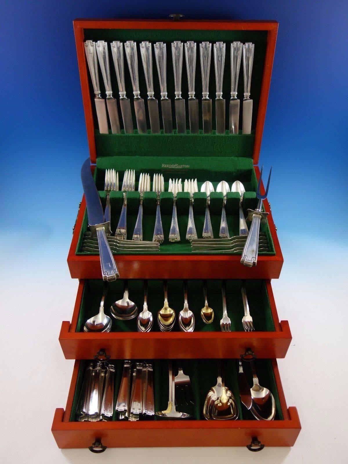 Etruscan by Gorham sterling silver flatware set of 142 pieces. This set includes: 

12 dinner knives, 9 5/8