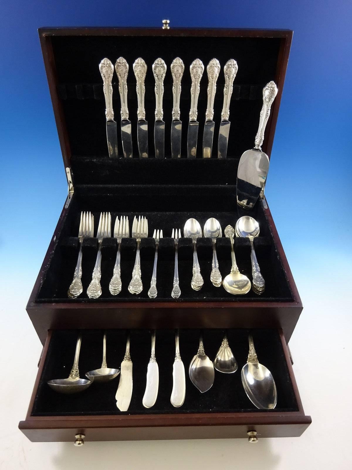 King Edward by Gorham sterling silver flatware set 63 pieces. This set includes: Eight knives, 8 7/8", eight forks, 7", eight salad forks, 6 1/4", eight teaspoons, 6", eight cream soup spoons, 6 1/4", eight flat handle