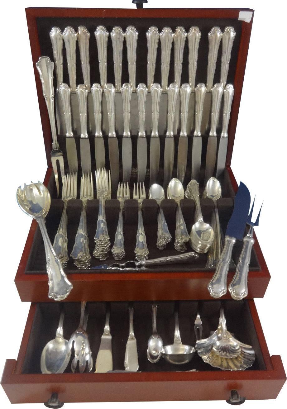 This fabulous 134 piece dinner size Italian sterling silver Savoy by Buccellati set includes: 12 dinner size knives, 10", 12 dinner size forks, 8 1/8", 12 luncheon knives, 8 1/2", 12 luncheon forks, 6 3/4", 12 salad forks, 6