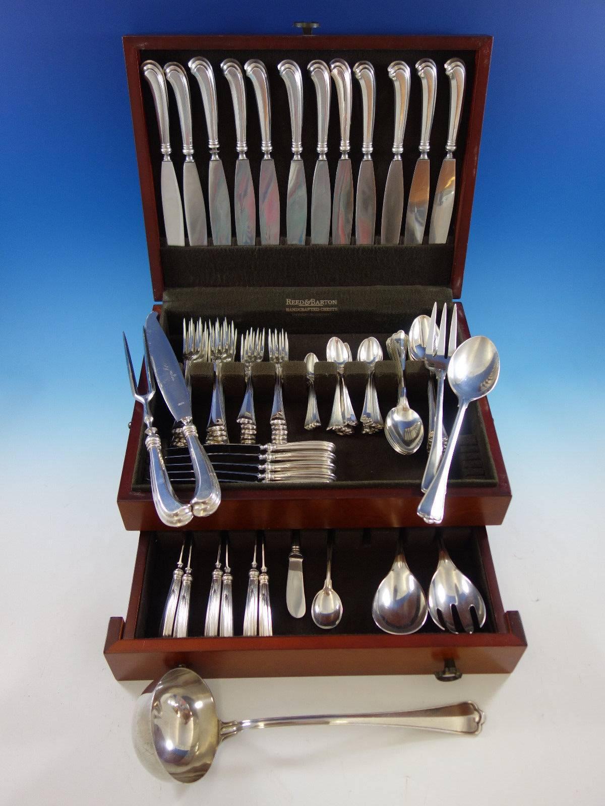 Dinner size St. Mark by Clementi, Italy 800 silver flatware set of 97 pieces. This set includes: 

12 large dinner size knives, 10 1/4