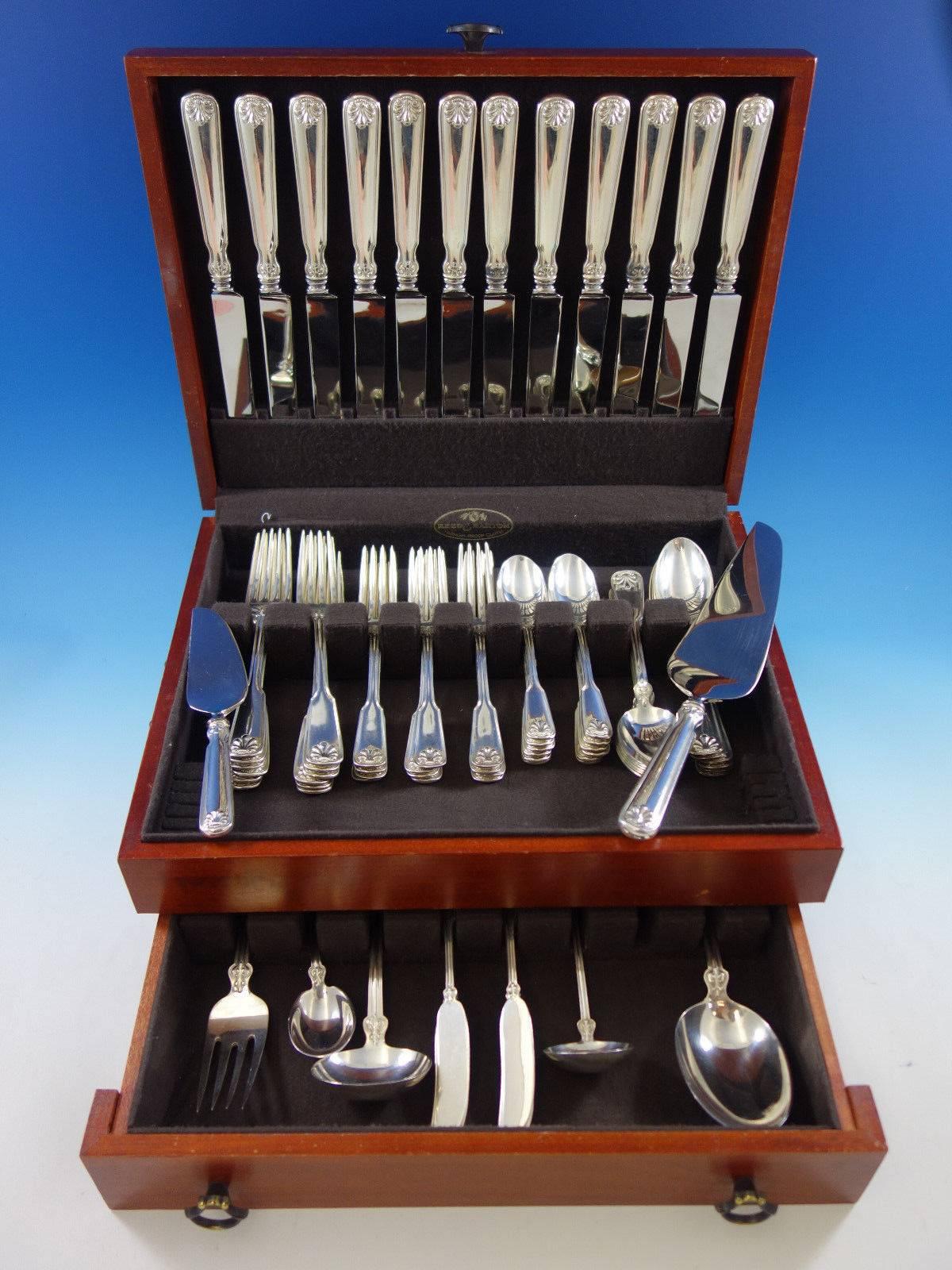 Dinner size Shell & Thread by Tiffany & Co. sterling silver flatware set, 79 pieces. This set includes: 12 dinner size knives, 10 1/4", 12 dinner size forks, 7 5/8", 12 luncheon/dessert forks, 6 5/8", 12 teaspoons, 5
