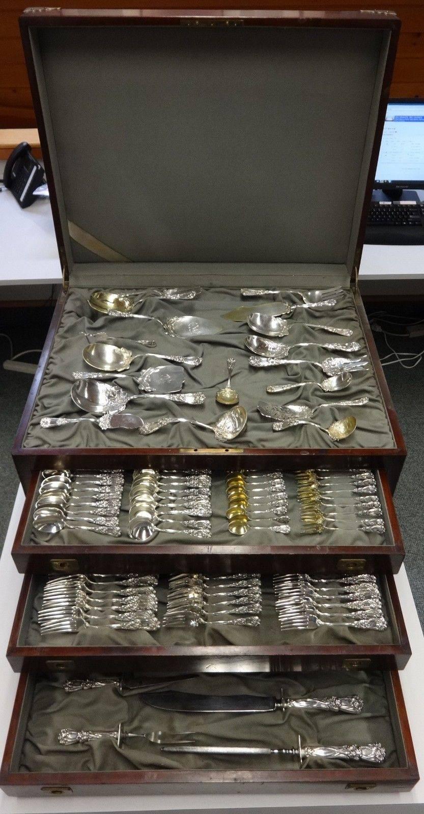 Iris & New Art by Durgin sterling silver flatware set of 177 pieces in massive fitted vintage chest. This set includes: 

12 dinner size knives, 9 7/8