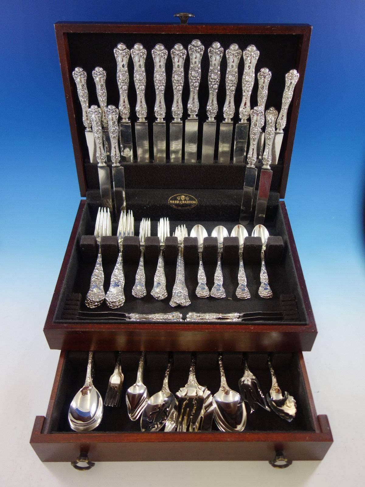 American beauty by Shiebler/Mauser sterling silver flatware set with rose motif - 90 pieces. This set includes: 

eight dinner size knives, 10 1/8