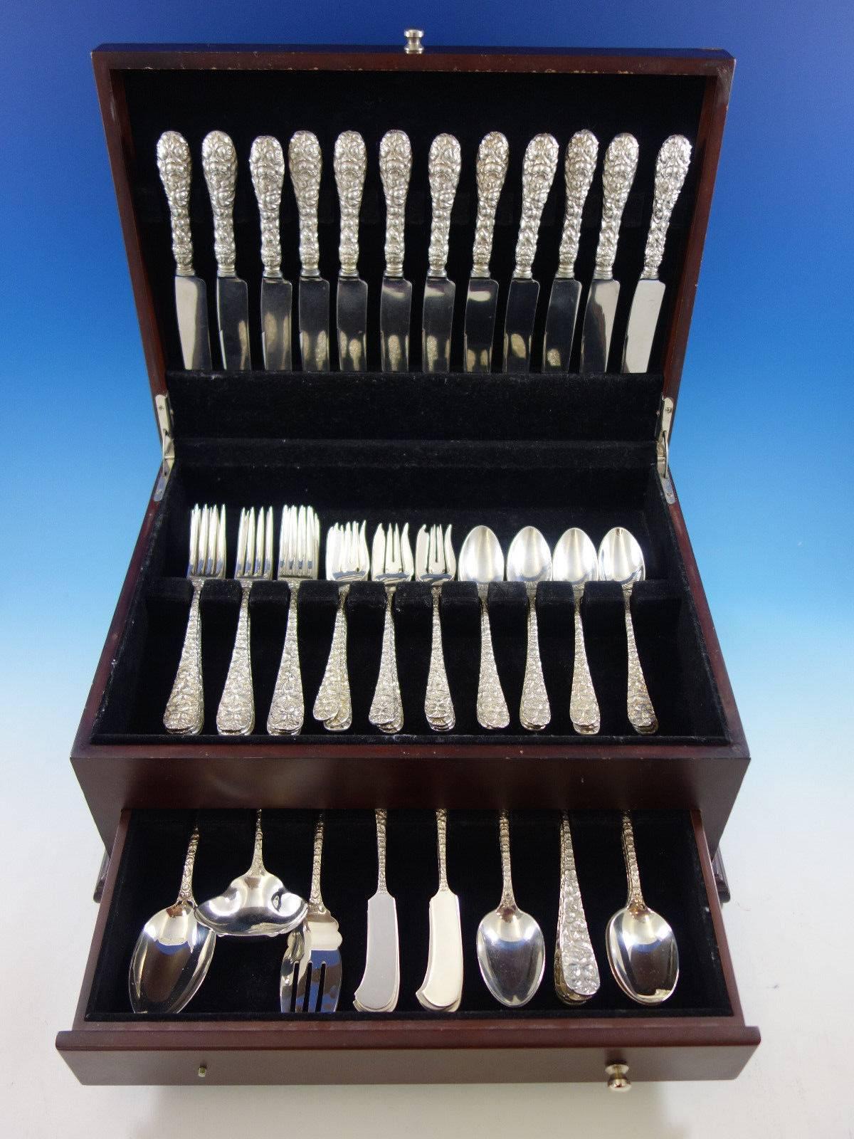 Baltimore Rose by Schofield sterling silver repoussed flatware set, 75 pieces. This set includes: 

12 knives, 8 3/4