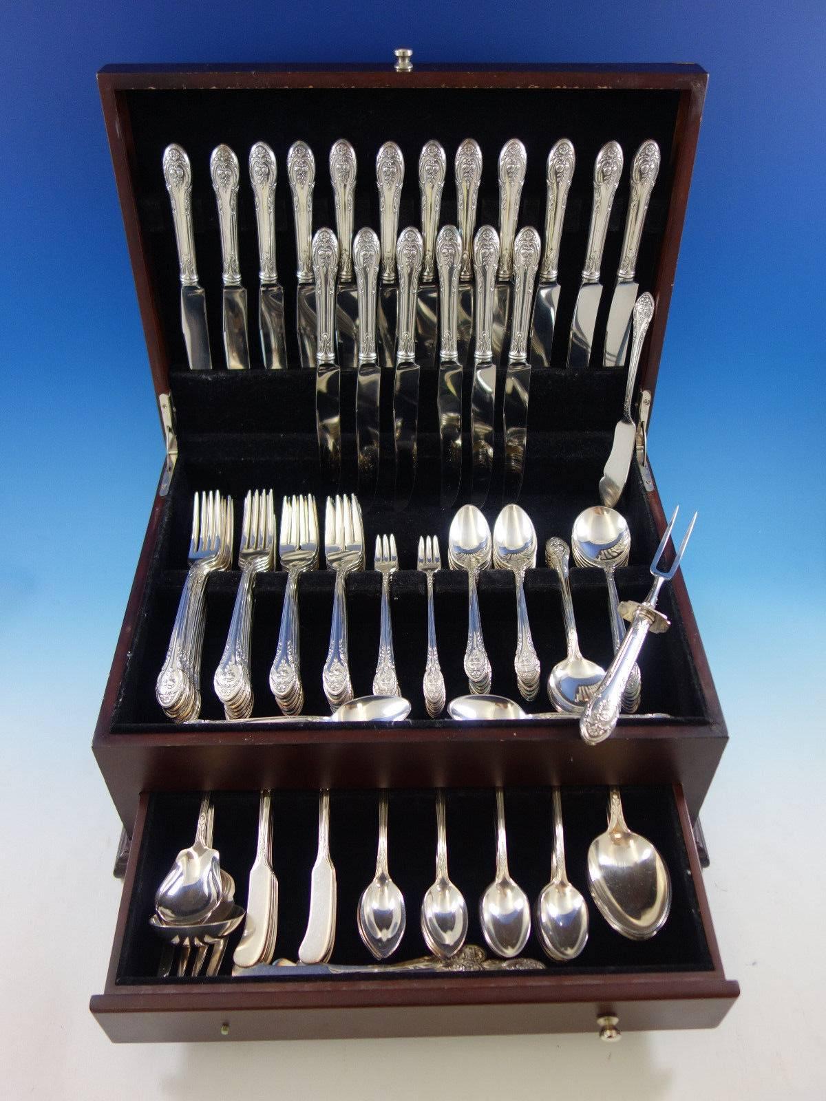 Rosemont by Gorham silver plate flatware set, circa 1930 with rose motif, 190 pieces. This set includes: 18 knives, 8 3/4