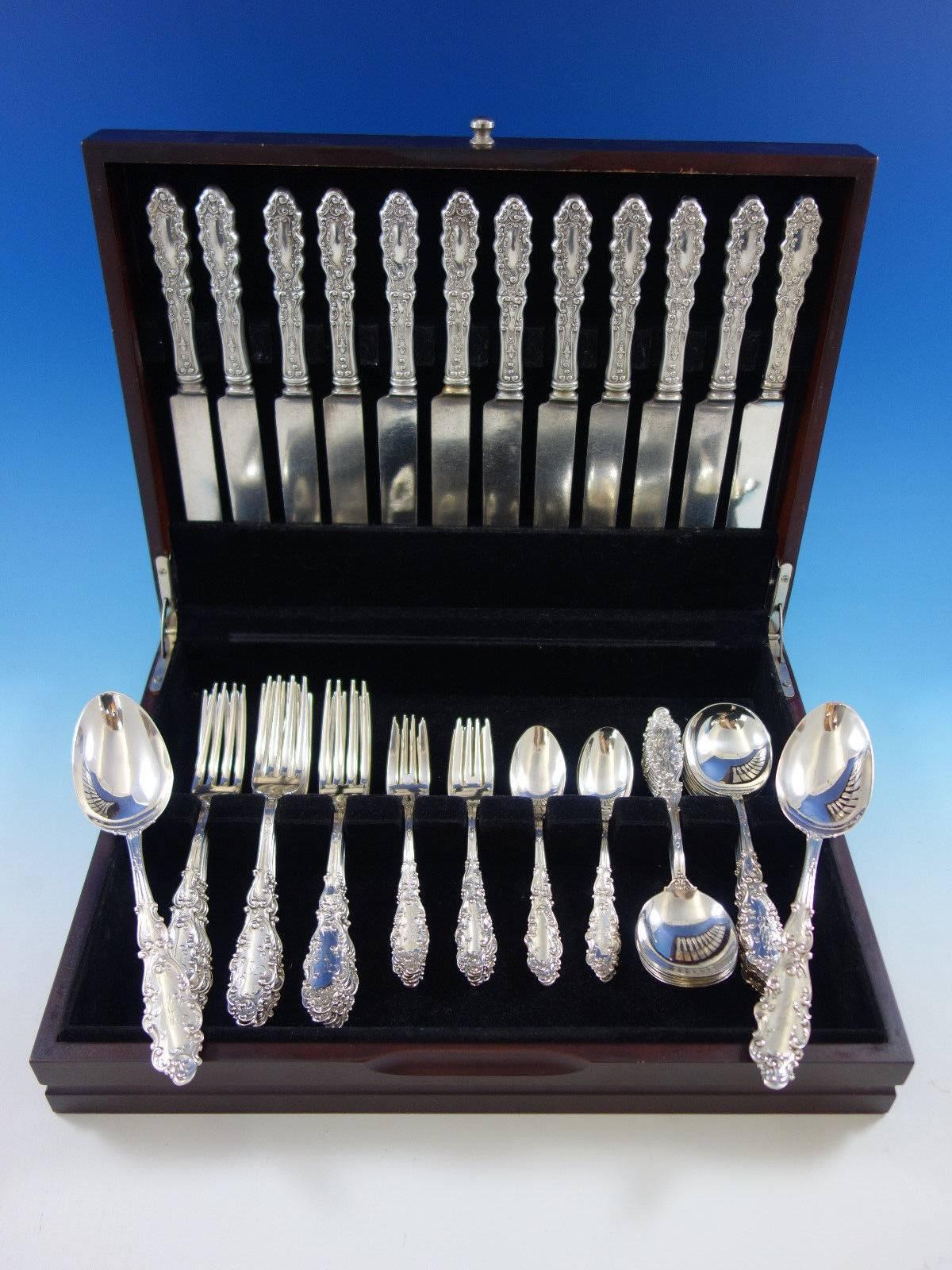 Dinner size Luxembourg by Gorham sterling silver flatware set - 62 pieces. This set includes: 

12 dinner size knives, 9 1/2
