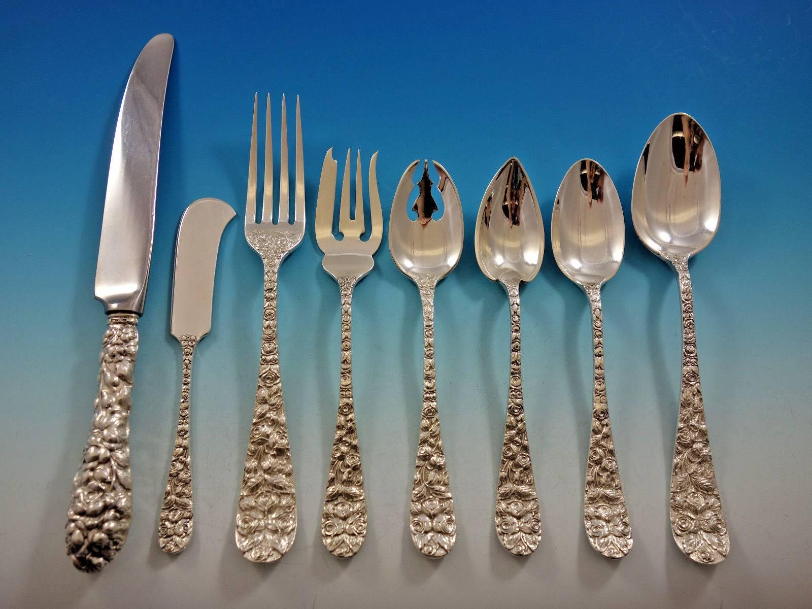 Baltimore rose by Schofield repousse sterling silver flatware set - 106 pieces. This set includes: 

12 knives, 8 3/8