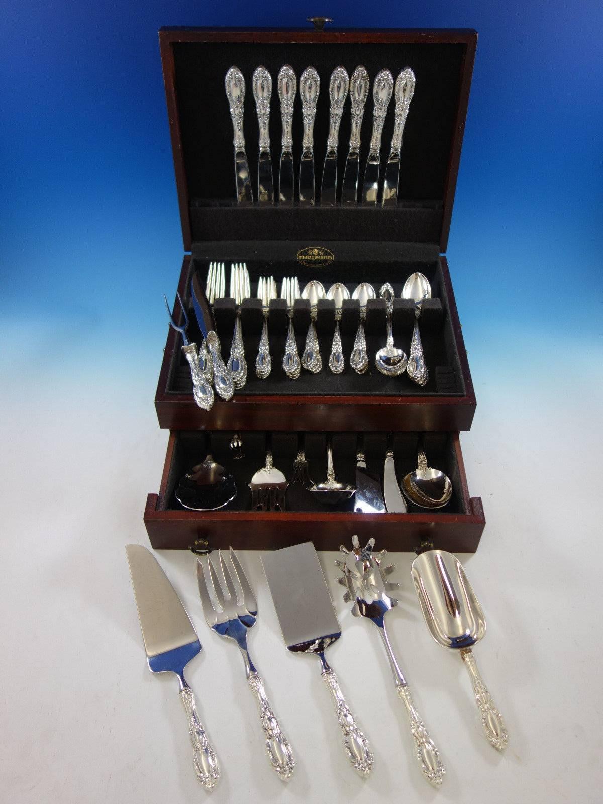Dinner size king Richard by Towle sterling silver flatware set, 57 pieces. This set includes: 

Eight dinner size knives, 9 5/8