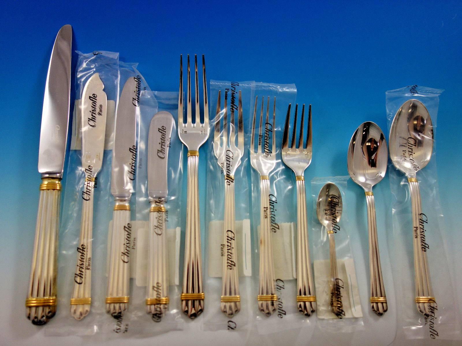 Aria Gold by Christofle France Silver Plate Flatware Set 12 Service 141 Pcs New In Excellent Condition In Big Bend, WI