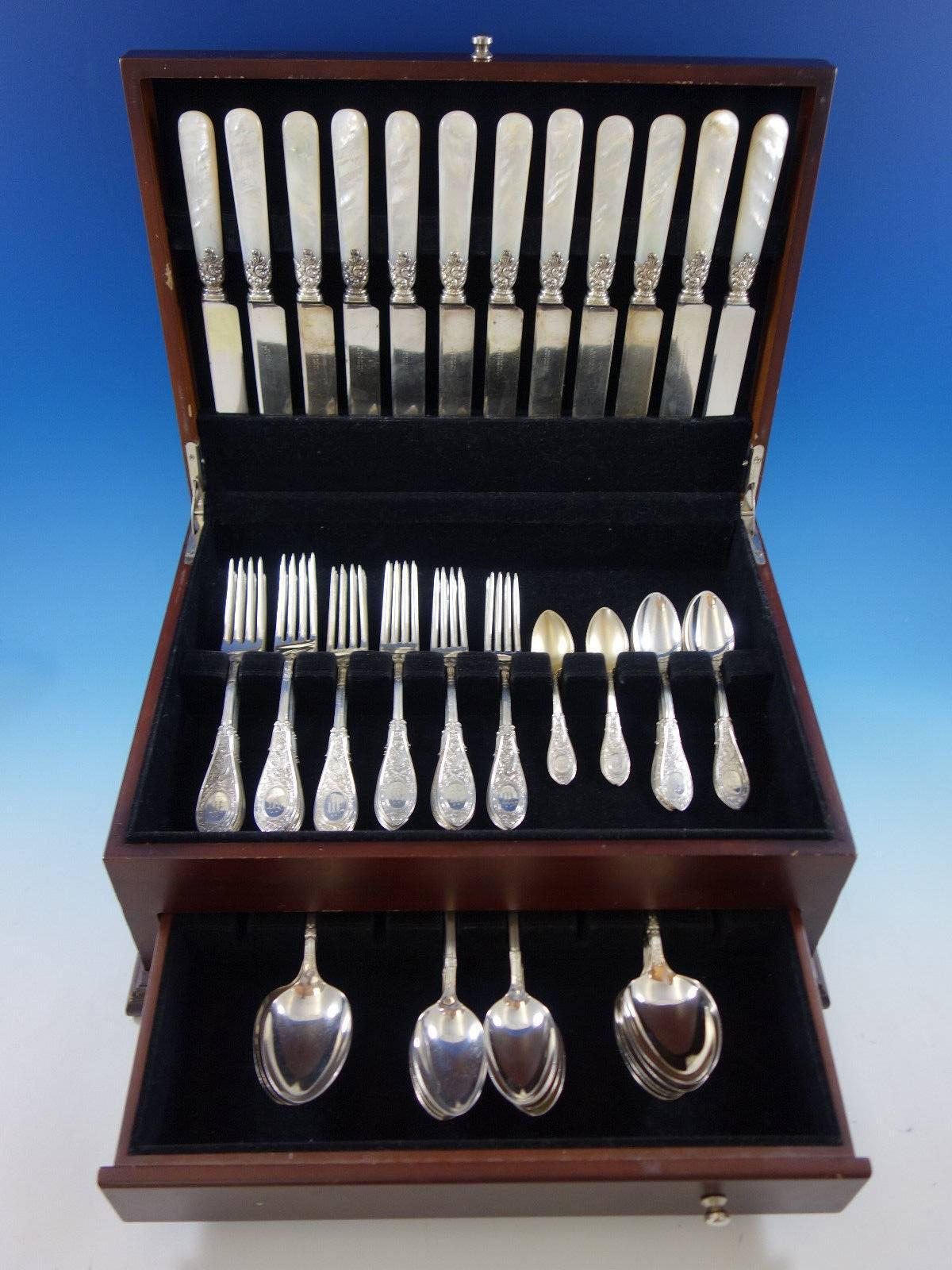 Arabesque by Whiting sterling silver flatware set 12 service of 77 pieces includes: 12 dinner size knives, mother-of-pearl, 9 1/2