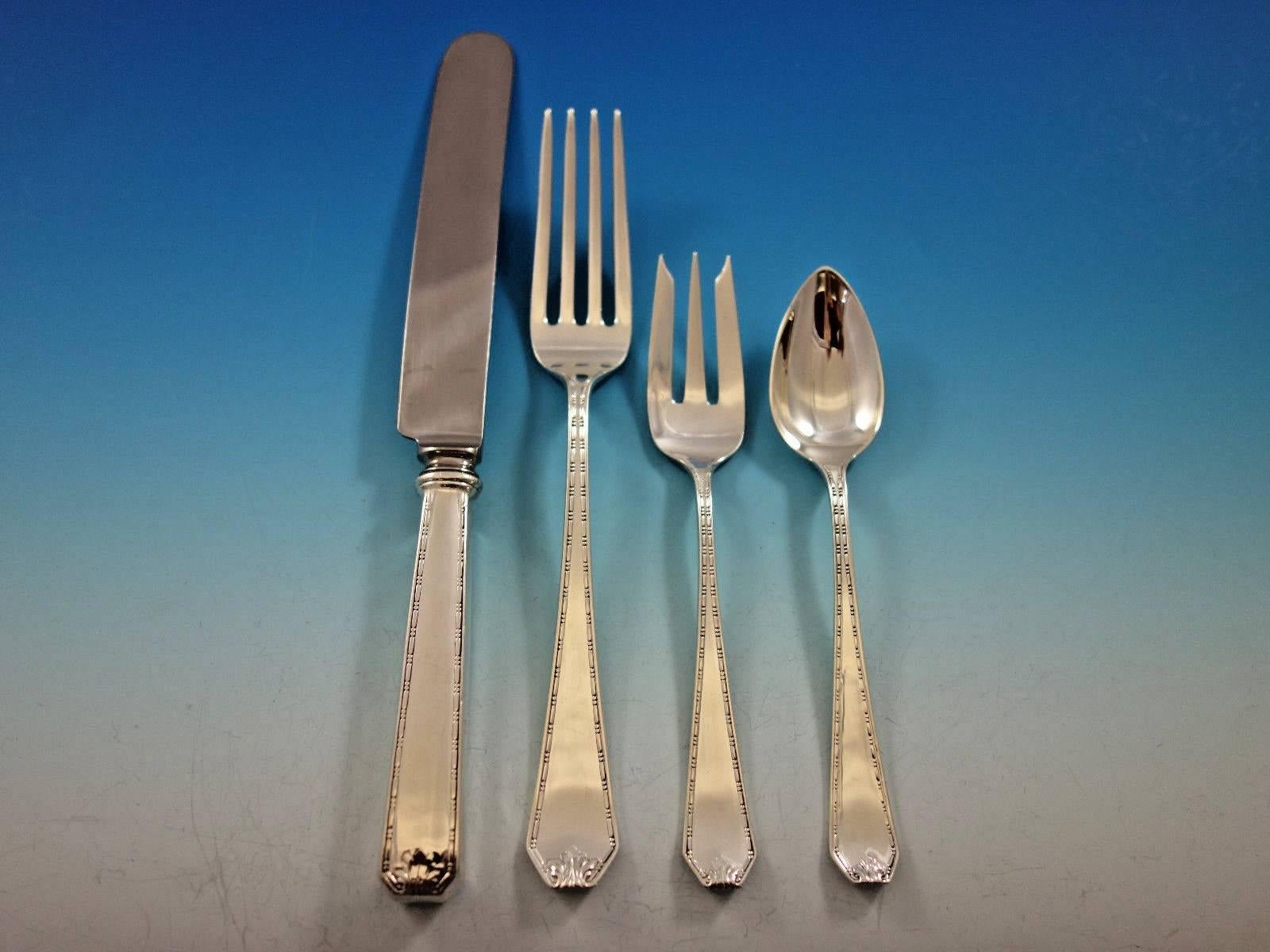 Dinner size Madam Morris by Whiting sterling silver flatware set of 33 pieces. This set includes: 

Eight dinner size knives, 9 1/2