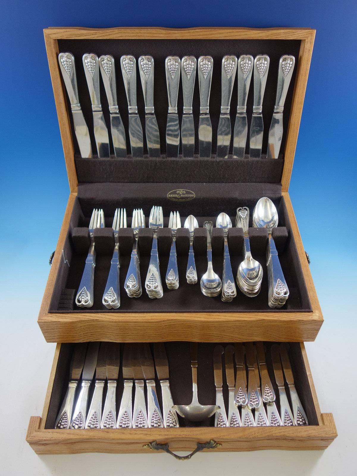 Rare handmade ornamental #19 by Georg Jensen sterling silver flatware set with superb pierced Art Nouveau grapes motif - 129 pieces. Early 